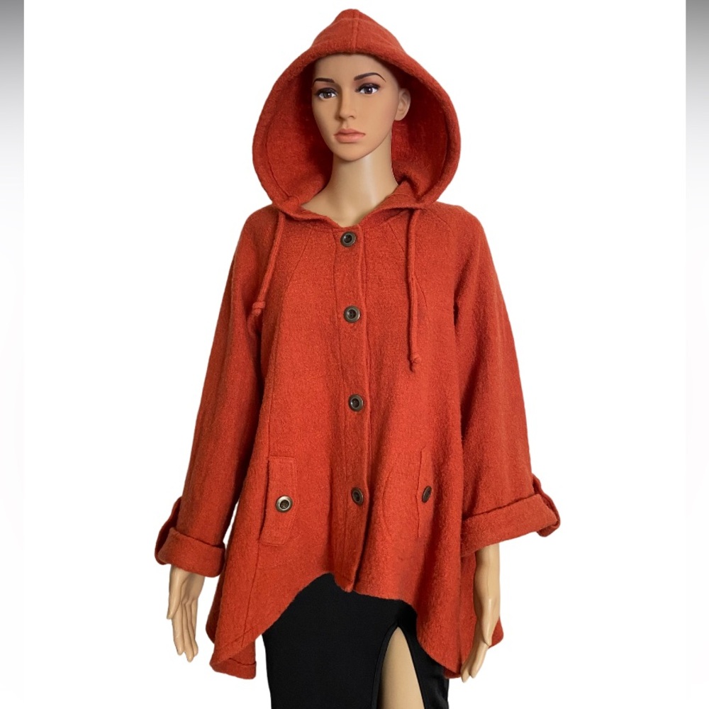FOR CYNTHIA Burnt Orange Hooded Wool Blend Cape Coat Size M